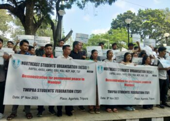 Twipra Students’ Federation (TSF) staged a demonstration in Agartala on Thursday, expressing their concern over the ongoing violence in Manipur and calling for a lasting peace.