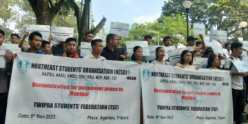 Twipra Students’ Federation (TSF) staged a demonstration in Agartala on Thursday, expressing their concern over the ongoing violence in Manipur and calling for a lasting peace.