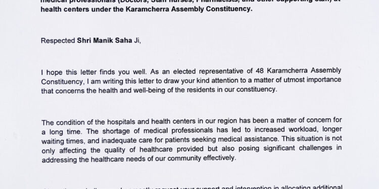 MLA writes letter to Chief Minister demanding doctors and health workers
