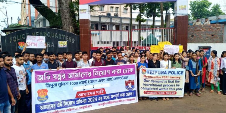 Job aspirants gathered in front of the Tripura Police headquarters
