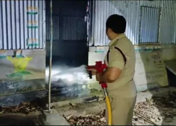 Miscreants set fire to  BJP party office in Sutaramura