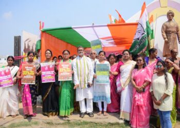 Tripura Pradesh Mahila Congress stages protest demanding the immediate implementation of the 33% women’s reservation in the Lok Sabha