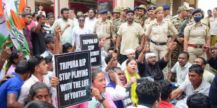 Tripura Youth Congress  stages demonstration, protesting the alleged cancellation of a recruitment process