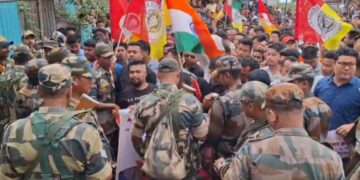 YTF stages protest, raises concern over a high-rise embankment constructed by Bangladesh next to the Muhari river