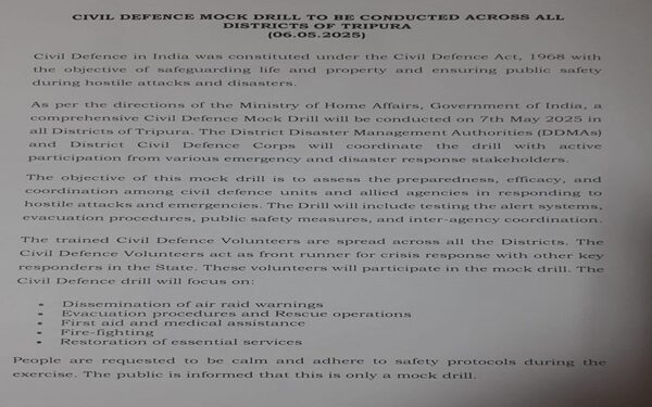 Agartala Selected for Wartime Drill Amid Regional Tensions