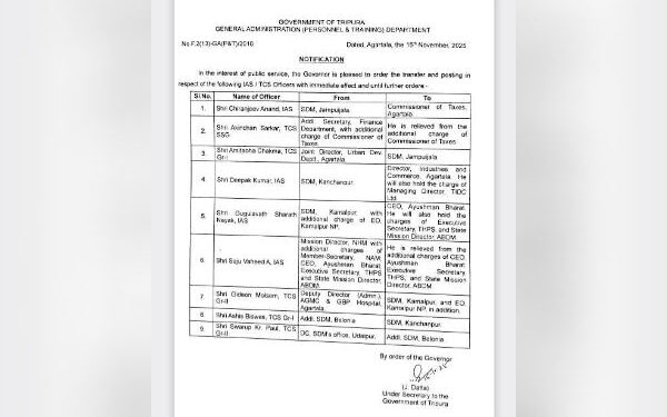 Major IAS, TCS reshuffle announced by Tripura government