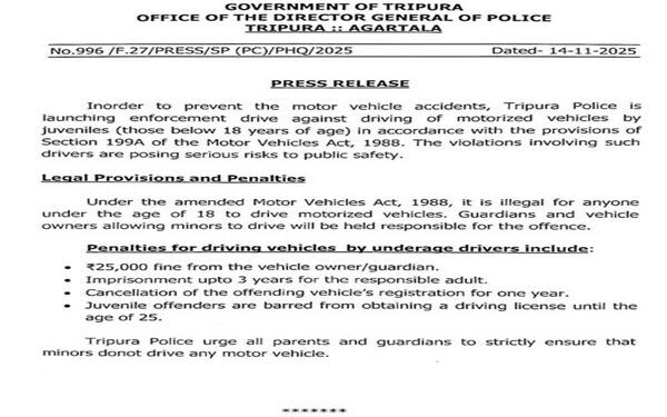 Tripura Police launch drive against underage motorists