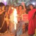 Mahila Morcha on Sunday evening staged a vehement protest in front of the Congress Bhavan in Agartala.