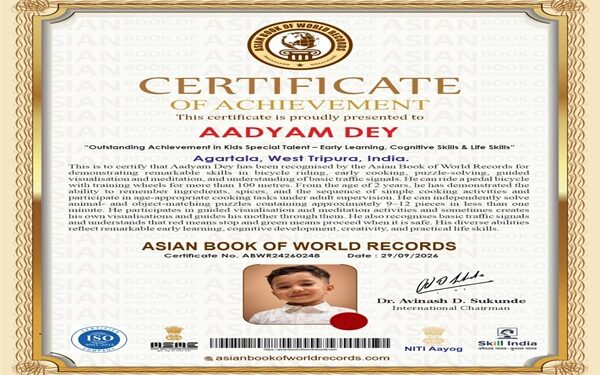 Three-year-old Agartala boy recognised by Asian Book of World Records